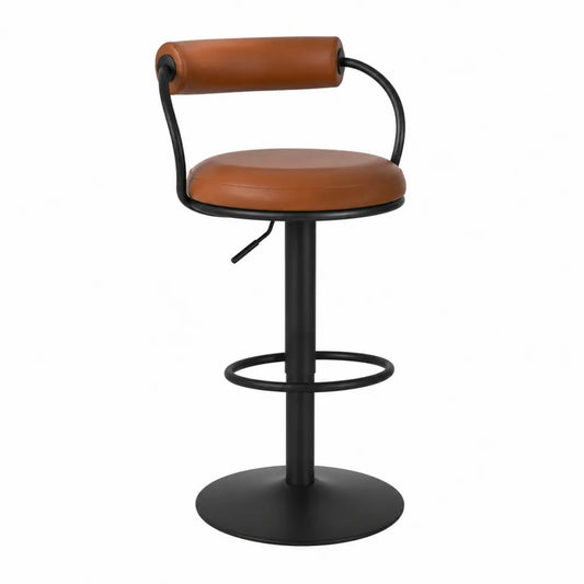 Sgabello da bar in ecopelle marrone con struttura in acciaio nero regolabile in altezza girevole con schienale 45x45x85-105 cm