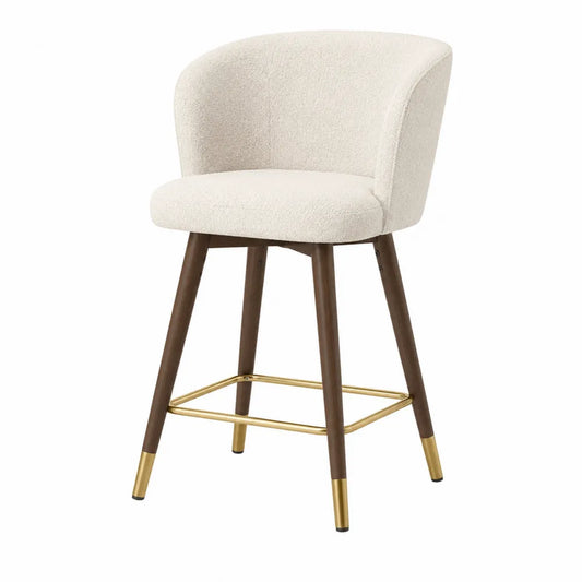 Sgabello da bar con schienale curvo imbottito in tessuto bouclé beige e gambe in legno marrone con poggiapiedi oro 45x50x95 cm