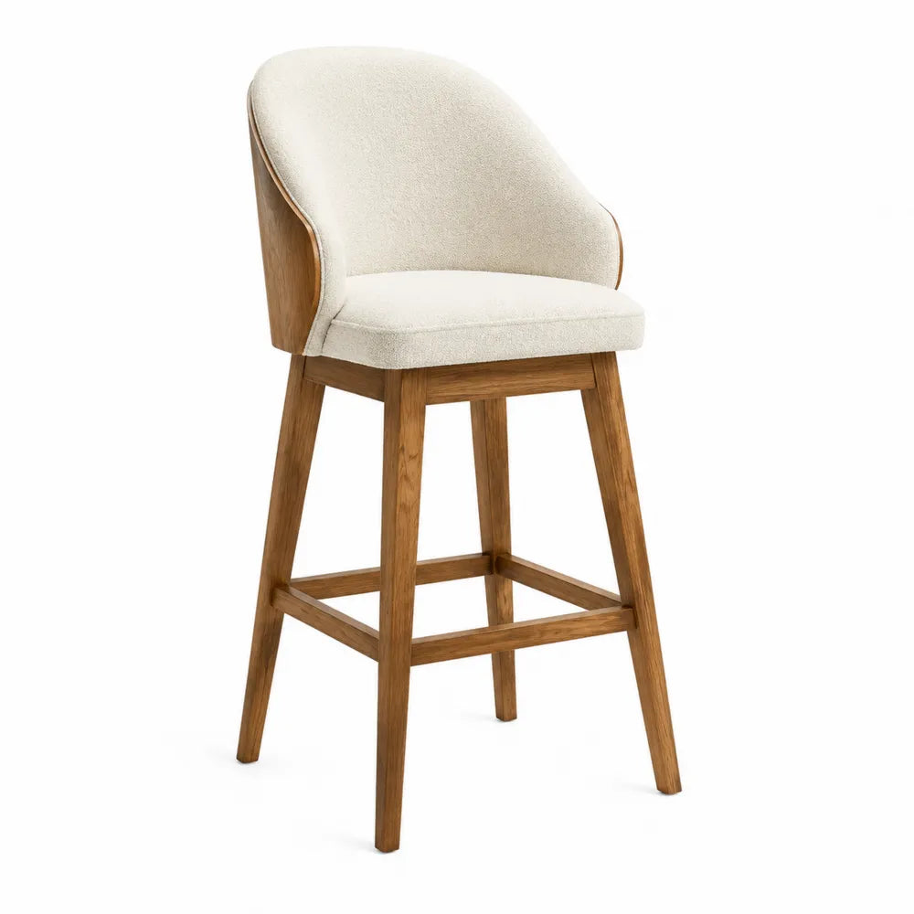 Sgabello da bar fisso con schienale avvolgente imbottito in tessuto bouclé beige e struttura in legno naturale 50x52x100 cm