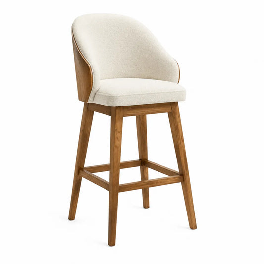 Sgabello da bar fisso con schienale avvolgente imbottito in tessuto bouclé beige e struttura in legno naturale 50x52x100 cm