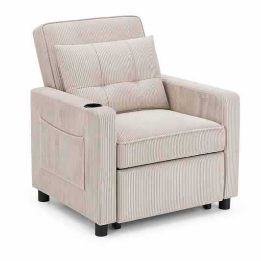Poltrona imbottita da interno in velluto a coste beige chiaro con portabicchieri tasca laterale e gambe nere 85 x 80 x 95 cm