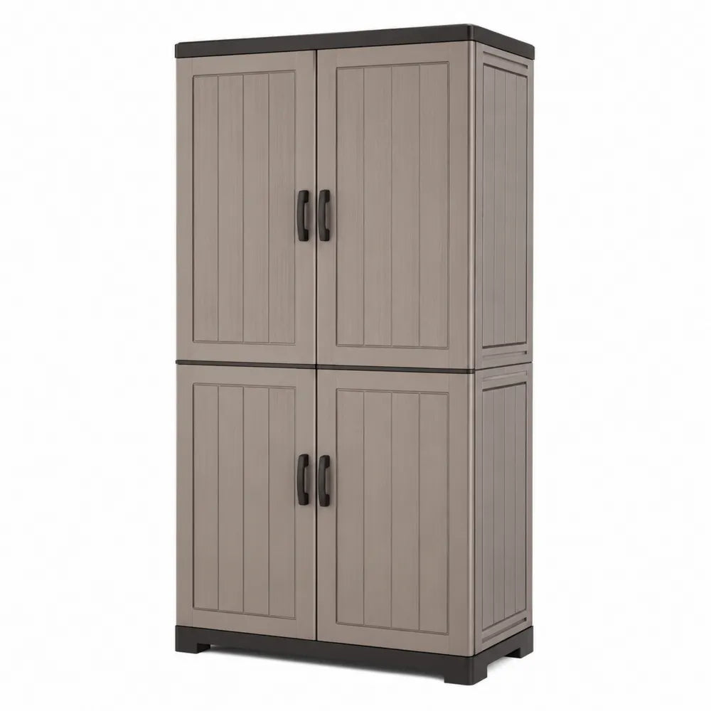 Armadio da garage rettangolare in PP effetto legno con 4 ante taupe e nero 90 x 40 x 180 cm