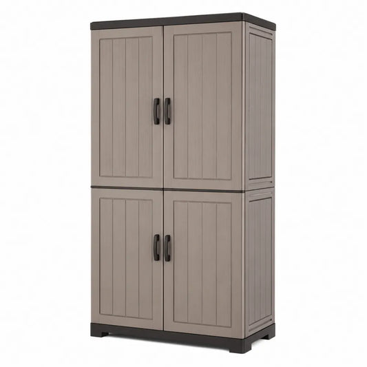 Armadio da garage rettangolare in PP effetto legno con 4 ante taupe e nero 90 x 40 x 180 cm