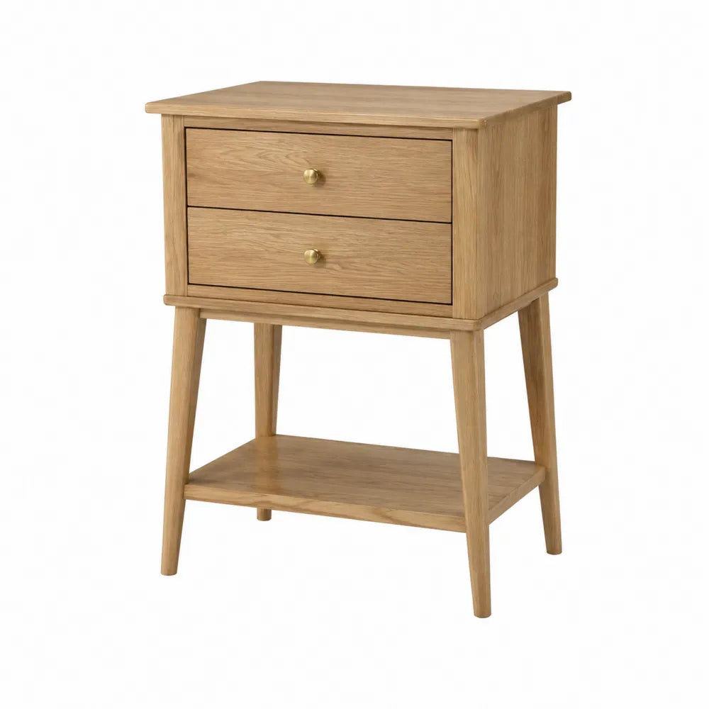 Comodino con 2 cassetti e ripiano aperto in legno effetto rovere con gambe in legno massello finitura naturale