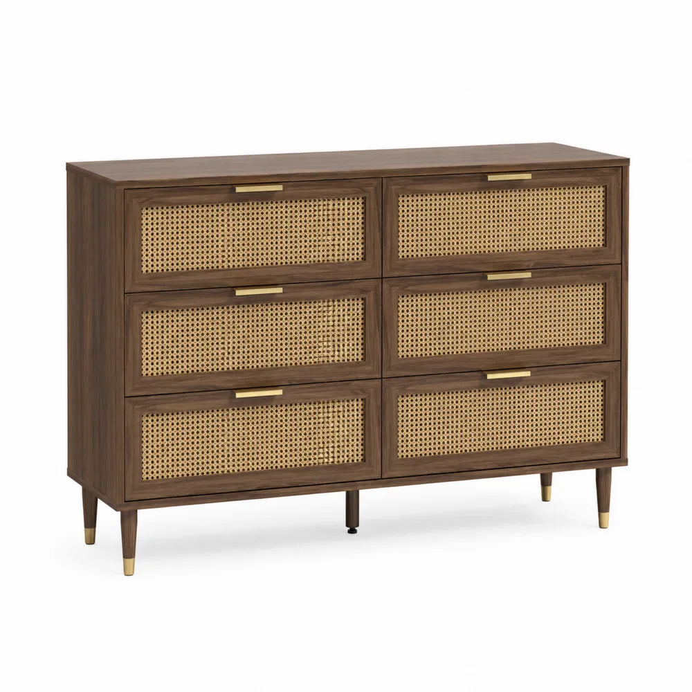 Cassettiera rettangolare in MDF e truciolare effetto noce con 6 cassetti frontali effetto rattan noce naturale 140x40x80 cm