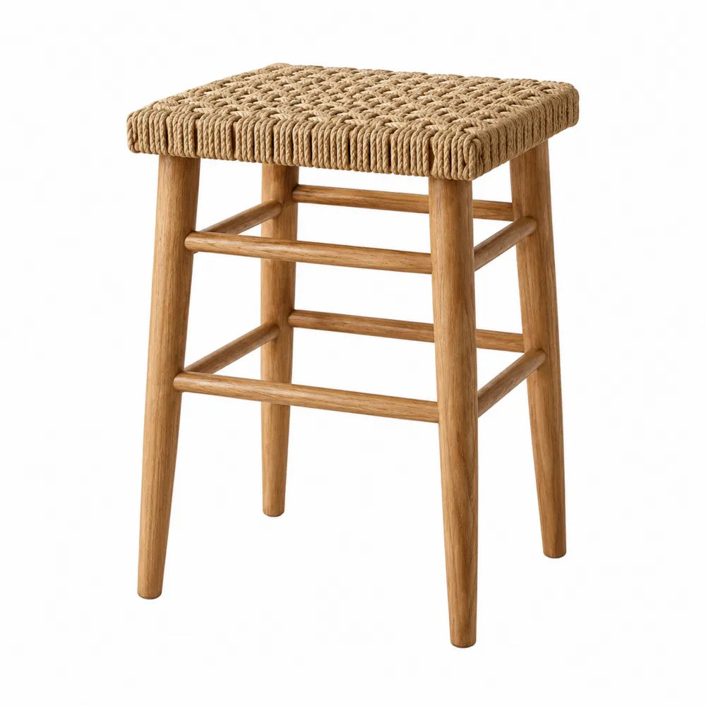Sgabello da bar in legno massiccio naturale con seduta quadrata intrecciata in corda di carta beige 45x45x65 cm