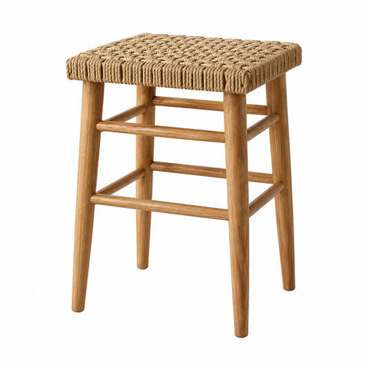 Sgabello da bar in legno massiccio naturale con seduta quadrata intrecciata in corda di carta beige 45x45x65 cm