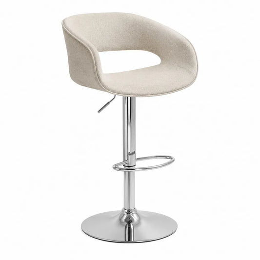Sgabello da bar regolabile girevole con schienale imbottito in tessuto bouclé beige e base in acciaio cromato 45x50x85-105 cm