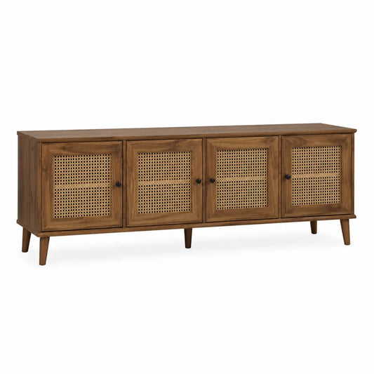 Mobile TV in legno effetto noce con ante in rattan naturale 4 ante e vani interni dimensioni 180 x 40 x 60 cm