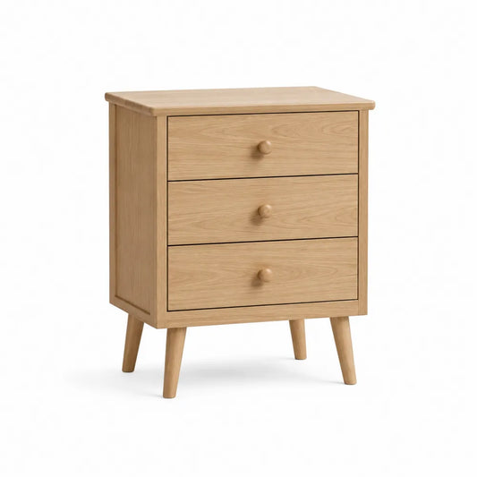 Comodino rettangolare con 3 cassetti in MDF effetto rovere naturale e piedini inclinati 45 x 35 x 65 cm