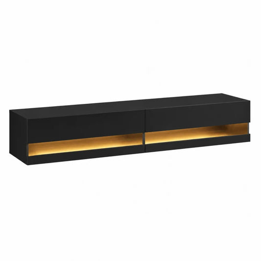 Mobile TV sospeso rettangolare in MDF nero opaco con illuminazione LED calda 2 ante e vani aperti 180 x 35 x 30 cm