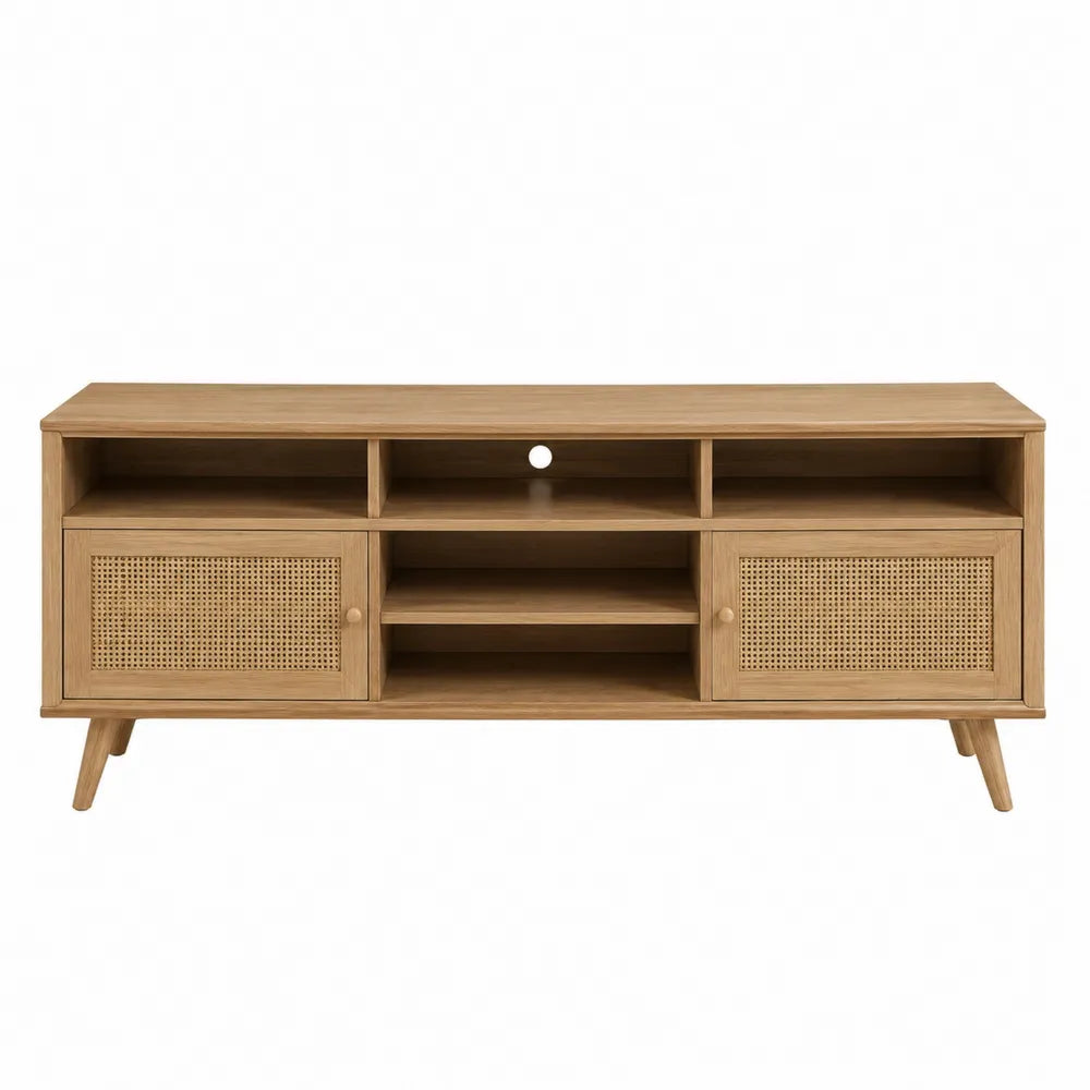 Mobile TV in legno effetto rovere chiaro con ante in rattan naturale e vani aperti dimensioni circa 180 x 40 x 55 cm
