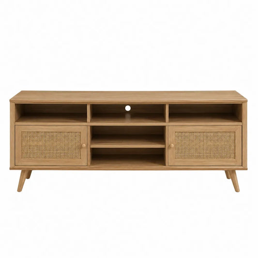 Mobile TV in legno effetto rovere chiaro con ante in rattan naturale e vani aperti dimensioni circa 180 x 40 x 55 cm