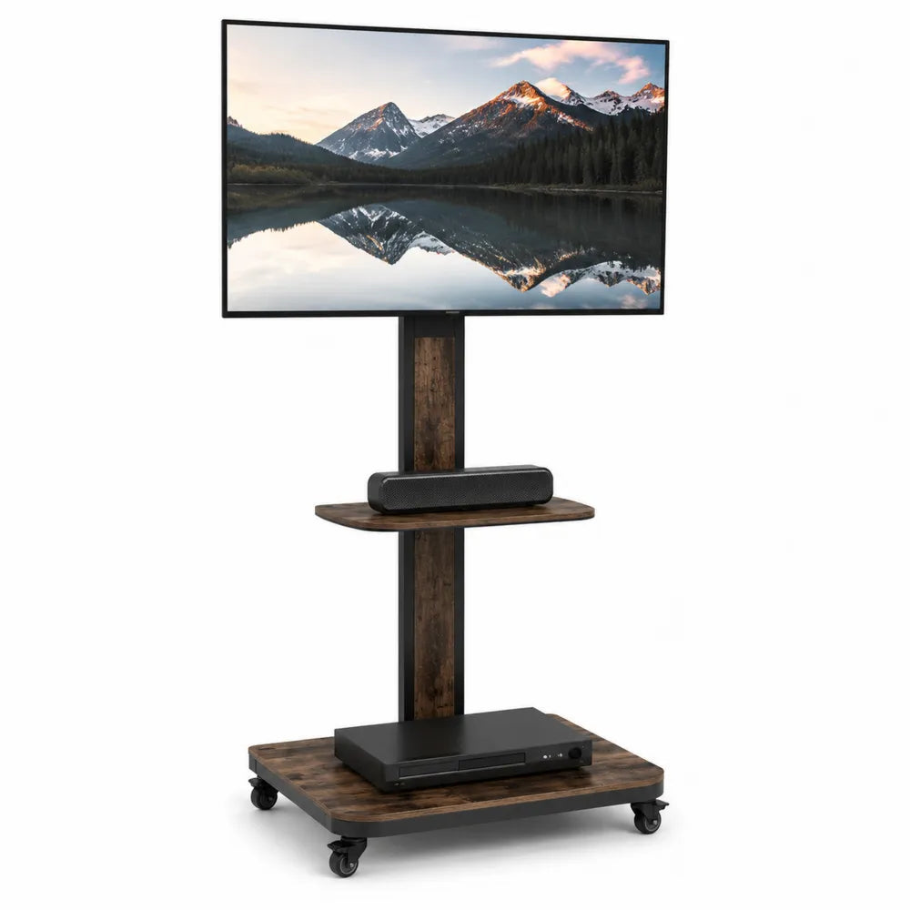 Supporto TV mobile con ruote in acciaio nero e MDF effetto legno scuro con 2 ripiani 90 x 45 x 170 cm