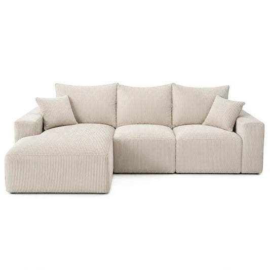 Divano modulare angolare in tessuto a coste beige con chaise longue dimensioni circa 260 x 160 x 85 cm