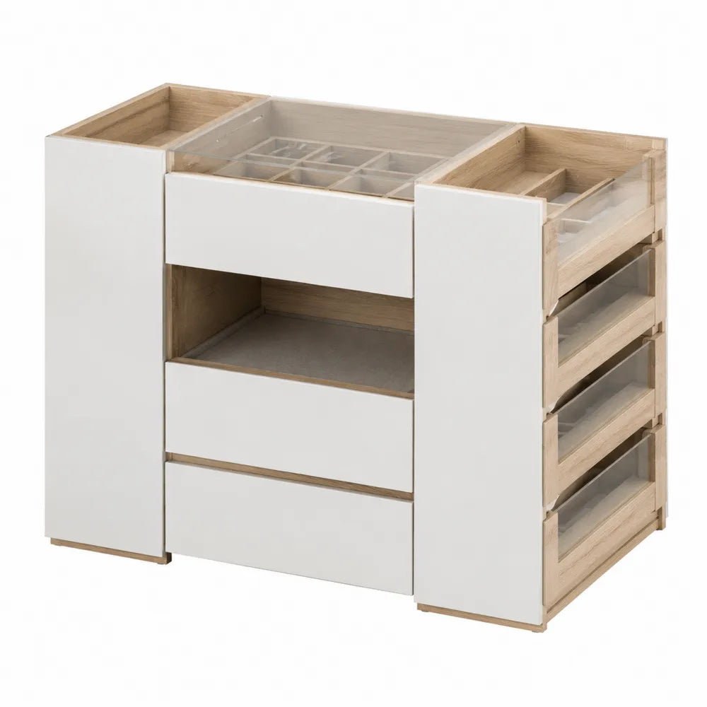 Cassettiera con 6 cassetti e contenitori laterali in MDF bianco e rovere naturale con struttura 140x40x80 cm stile moderno
