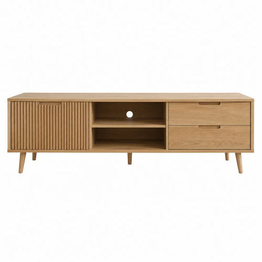Mobile TV rettangolare in MDF effetto legno naturale con anta scanalata cassetti e vani aperti 180 x 40 x 60 cm