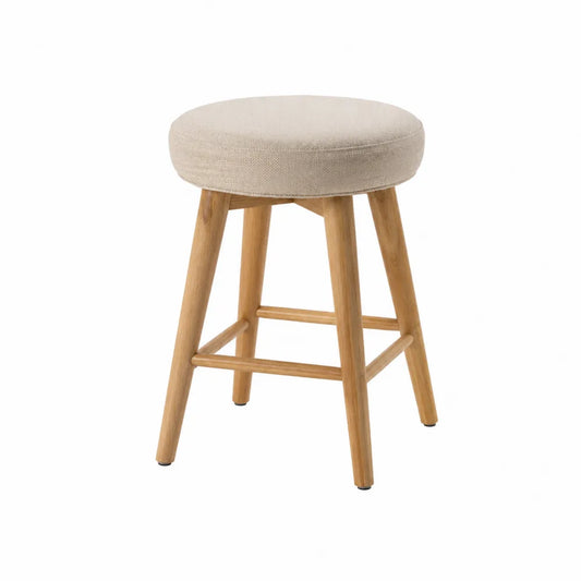 Sgabello da bar senza schienale con seduta rotonda imbottita in tessuto bouclé beige e struttura in legno naturale 45x45x65 cm